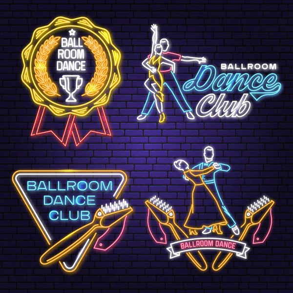 Set of Ballroom dance sport club Bright Neon Sign. Dance sport neon emblem with trophy cup, shoe brush, man and woman silhouette. Vector. Rumba, salsa, samba couples dancing ballroom style
