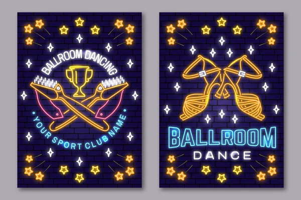 Set of Ballroom dance sport club Bright Neon Sign. Dance sport neon flyer, brochure, banner, poster with shoe brush, man and woman silhouette. Vector. Rumba, salsa, samba couples dancing ballroom