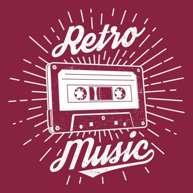 Retro music poster, banner. Retro Audio cassette tape with sunburst vintage typography design for t shirt, emblem, logo, badge design. Vector illustration.