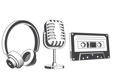 Retro music equipment Icons. Set include classical audio cassette tape, headphones, microphone. For t shirt, emblem, logo, badge design. Vector illustration. Equipment for listening and recording