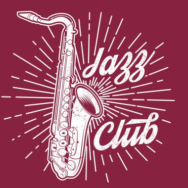 Jazz club, retro music poster, banner. Retro saxophone with sunburst vintage typography design for t shirt, emblem, logo, badge design. Vector illustration.