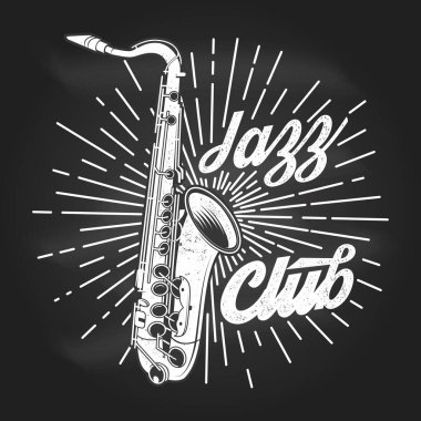 Jazz club, retro music poster, banner on chalkboard. Retro saxophone with sunburst vintage typography design for t shirt, emblem, logo, badge design. Vector illustration.