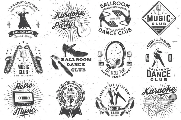 Ballroom dance sport club and retro music logos, badges design. Dance sport and retro music sticker with shoes for ballroom dancing, man and woman, retro microphone, saxophone , audio cassette