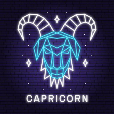 Zodiac astrology horoscope neon sign capricorn linear design. Vector illustration. Elegant line art symbol or icon of capricorn esoteric zodiacal horoscope templates promotion for logo or poster