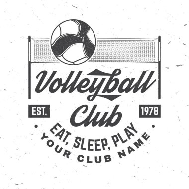 Voleybol kulübü rozet tasarımı. Vektör çizimi. Kolej ligi spor kulübü amblemi, işareti, logosu için. Klasik monokrom etiket, çıkartma, voleybol topu ve net siluet ile yama