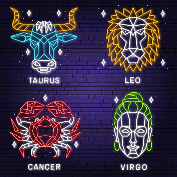 Zestaw Zodiakalnej Astrologii Horoskopowej Neon Sign Leo Virgo Projekt Liniowy — Wektor stockowy