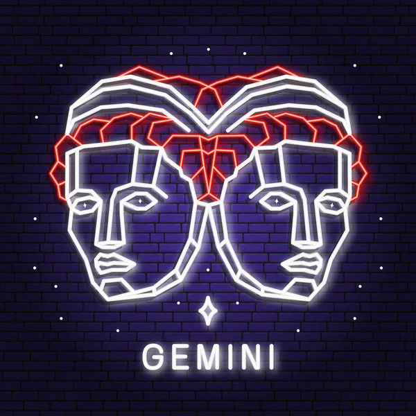 Zodiac Astrology Horoscope Neon Sign Gemini Linear Design Vector Illustration — Stockvektor