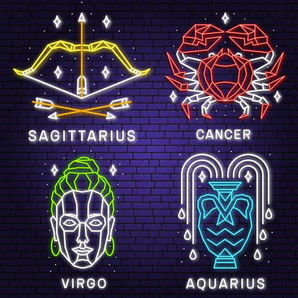 Set Zodiac Astrology Horoscope Neon Sign Sagittarius Virgo Cancer Aquarius — Stock Vector