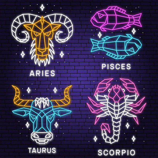 Set Zodiac Astrology Horoscope Neon Sign Pisces Aries Scorpio Taurus — Stock Vector