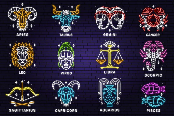 Set Zodiac Astrology Horoscope Neon Sign Linear Design Vector Illustration — Stok Vektör