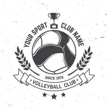 Voleybol kulübü rozet tasarımı. Vektör çizimi. Kolej ligi spor kulübü amblemi, işareti, logosu için. Klasik monokrom etiket, çıkartma, voleybol siluetleriyle yama