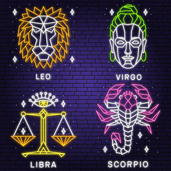 Set Zodiac Astrology Horoscope Neon Sign Leo Virgo Libra Scorpio — Stock Vector