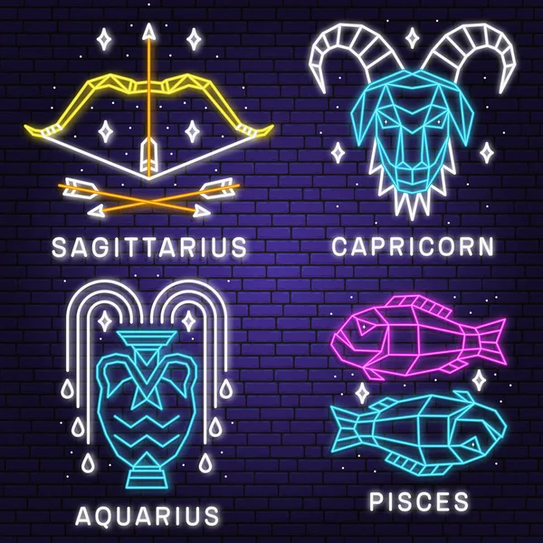 Set Zodiac Astrology Horoscope Neon Sign Sagittarius Capricorn Pisces Aquarius — Stock Vector