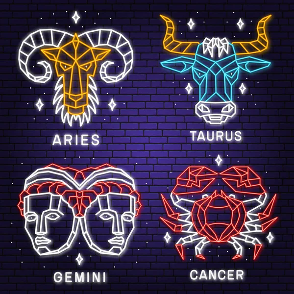 Zestaw Zodiakalnych Astrologicznych Horoskopów Neonowych Aries Taurus Gemini Projekt Liniowy — Wektor stockowy