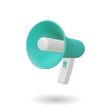 Örnek tasarımlı gerçekçi 3D megafon. Vektör İllüstrasyonu. Hoparlör ya da megafon beyaz arkaplanda 3D duyuru simgesi olarak.