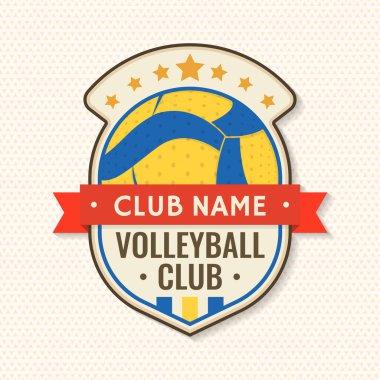 Voleybol kulübü yaması, çıkartma tasarımı. Vektör çizimi. Kolej ligi spor kulübü amblemi, işareti, logosu için. Klasik monokrom etiket, çıkartma, voleybol siluetleriyle yama