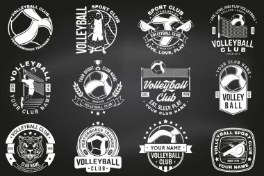 Voleybol kulübü rozeti seti, tahtada logo tasarımı. Vektör. Üniversite spor kulübü için, yaz kampı amblemi, işaret, logo. Klasik monokrom etiketi, çıkartma, voleybol topu ile yama, oyuncu