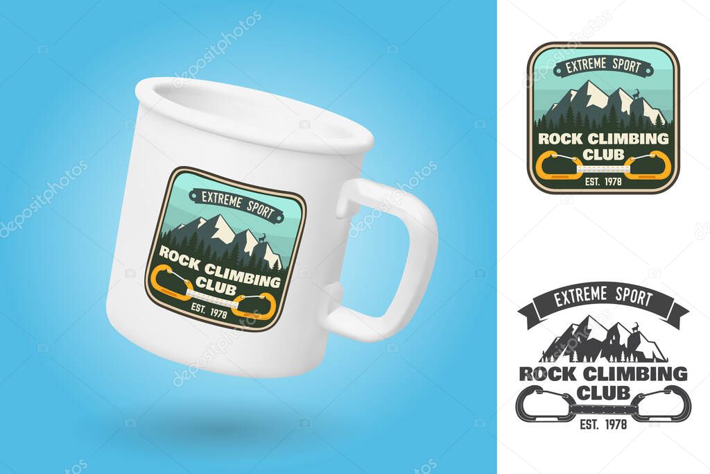 White camping cup. Realistic mug mockup template with sample design. Rock Climbing club badge. Vector. Vintage typography design with a straight gate locking carabiner for bolts, Goat and mountain