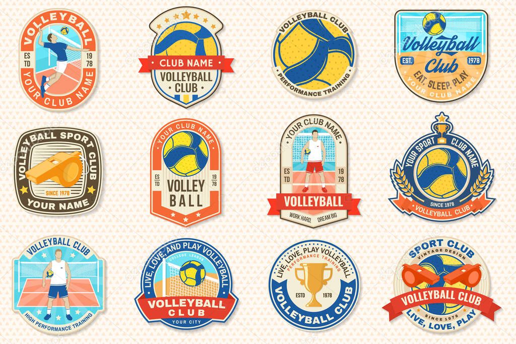 Set of Volleyball club emblem, patch, sticker. Vector illustration. For college league sport club emblem, sign, logo. Vintage label, sticker, patch with volleyball ball, player silhouettes