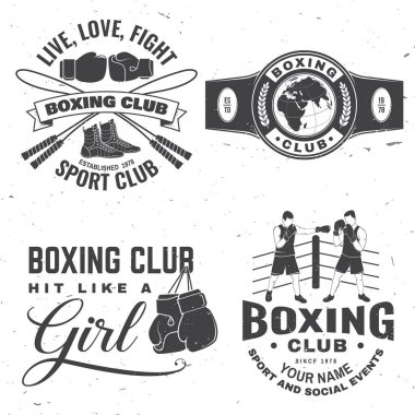 Boks kulübü rozeti, logo tasarımı. Vektör çizimi. Boks kulübü amblemi, işaret, yama, gömlek, şablon için. Klasik monokrom etiketi, boksör, eldiven, atlama ipi ve yüzük etiketi.