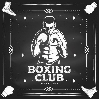 Boks kulübü rozeti, logo tasarımı. Vektör çizimi. Boks kulübü amblemi, işaret, yama, gömlek, şablon için. Klasik monokrom etiketi, Boxer Silueti etiketi
