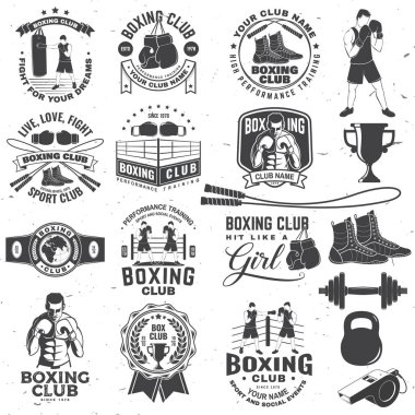 Boks kulübü rozeti, logo tasarımı. Vektör çizimi. Boks kulübü amblemi, işaret, yama, gömlek, şablon için. Klasik monokrom etiketi, boksör, eldiven, atlama ipi ve ayakkabılı çıkartma