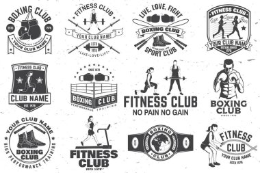 Boks ve fitness kulübü rozeti seti, logo tasarımı. Vektör çizimi. Spor kulübü amblemi, işaret, yama, gömlek, şablon için. Halterli, boksörlü, eldivenli, boks ipli ve ayakkabılı bir kız.