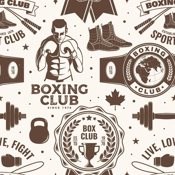 ボクシングクラブシームレスパターン ベクトル ボクシングスポーツクラブのエンブレム サイン パッチ付きの背景 ボクサー ボクシングジャンプロープや靴のシルエットと背景や壁紙のための概念 — ストックベクタ