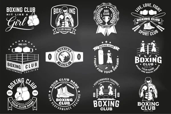 Conjunto Crachá Clube Boxe Design Logotipo Quadro Ilustração Vetorial Para —  Vetores de Stock