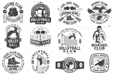 Boks kulübü seti, voleybol kulübü rozeti, logo tasarımı. Vektör. Klasik monokrom etiketi, voleybol topu, oyuncu, hakem düdüğü, boksör, eldiven, boks ipi ve ayakkabılı çıkartma.