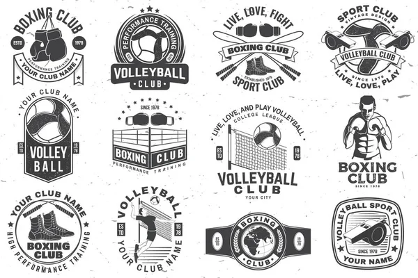 一套拳击俱乐部和排球俱乐部徽章 标志设计 复古单色标签 贴有排球球 裁判哨子 拳击手套 跳绳和鞋子的贴纸 — 图库矢量图片