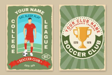 Futbol takımı, futbol kulübü retro poster, pankart tasarımı. Vektör çizimi. Futbol kulübü spor tasarımı için futbol ve futbolcu siluetleri