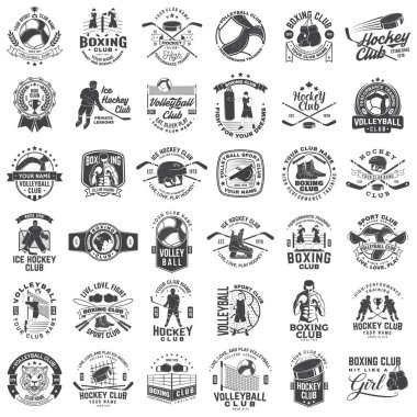 Voleybol takımı, boks kulübü, buz hokeyi kulübü rozeti, logo tasarımı. Vektör çizimi. Boks, Voleybol ve Buz Hokeyi Kulübü amblemi, işaret, yama, gömlek, şablon.