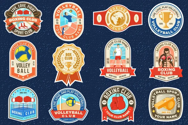 Set of Volleyball club and Boxing club badge, logo, patch design. Vector. Vintage retro patch, label, sticker with volleyball ball, player, jump rope, boxing gloves and boxing shoes silhouette