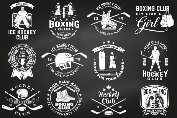 一套拳击俱乐部和冰球俱乐部徽章 黑板上的标志设计 冰球手补丁 跳绳和鞋子 — 图库矢量图片