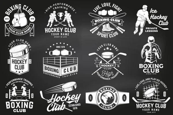 Conjunto Clube Boxe Crachá Clube Hóquei Gelo Design Logotipo Quadro —  Vetores de Stock
