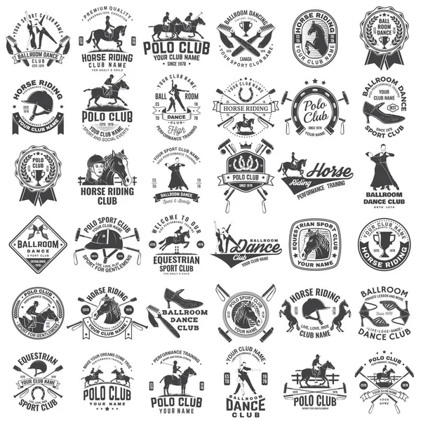 Conjunto Bailes Salón Polo Club Equitación Logotipos Clubes Deportivos Diseño — Vector de stock