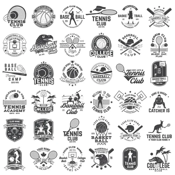 Набор Значков Баскетбола Тенниса Бейсбольного Клуба Эмблемы Знака Вектор Концепция — стоковый вектор