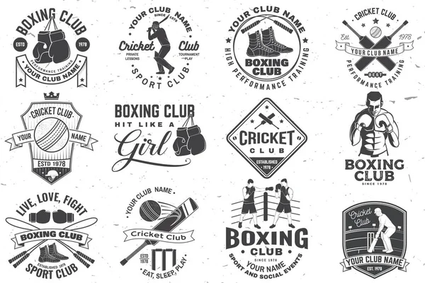 一套拳击和板球俱乐部徽章 矢量图解 印刷品 邮票或T恤的概念 拳击和板球运动俱乐部的模板 — 图库矢量图片