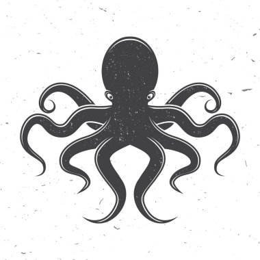 Ahtapot simgesi silueti. Vektör çizimi. Beyaz arka planda klasik monokrom ahtapot. Yumuşakça. Deniz ürünleri amblemi, işaret, yama, gömlek, menü restoranları, balık pazarları, mağazalar, etiket etiketleri için