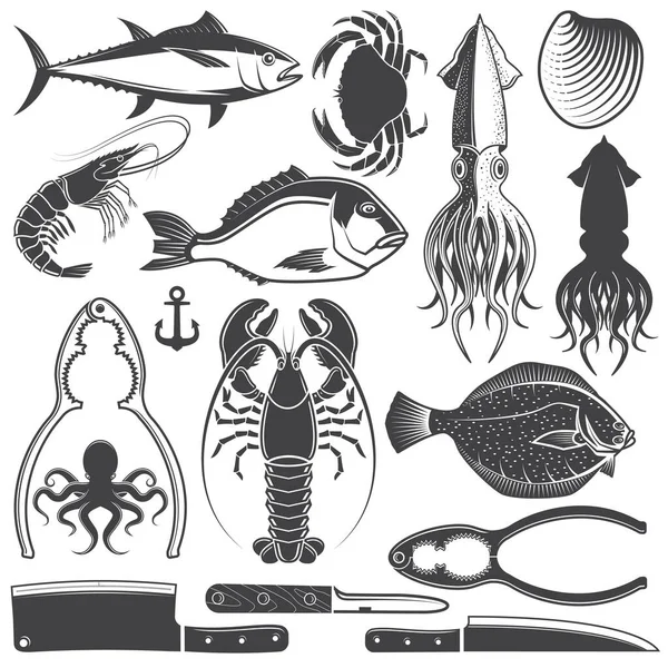 Bir Dizi Deniz Ürünleri Silueti Düz Simgeler Deniz Hayvanı Şekilleri — Stok Vektör