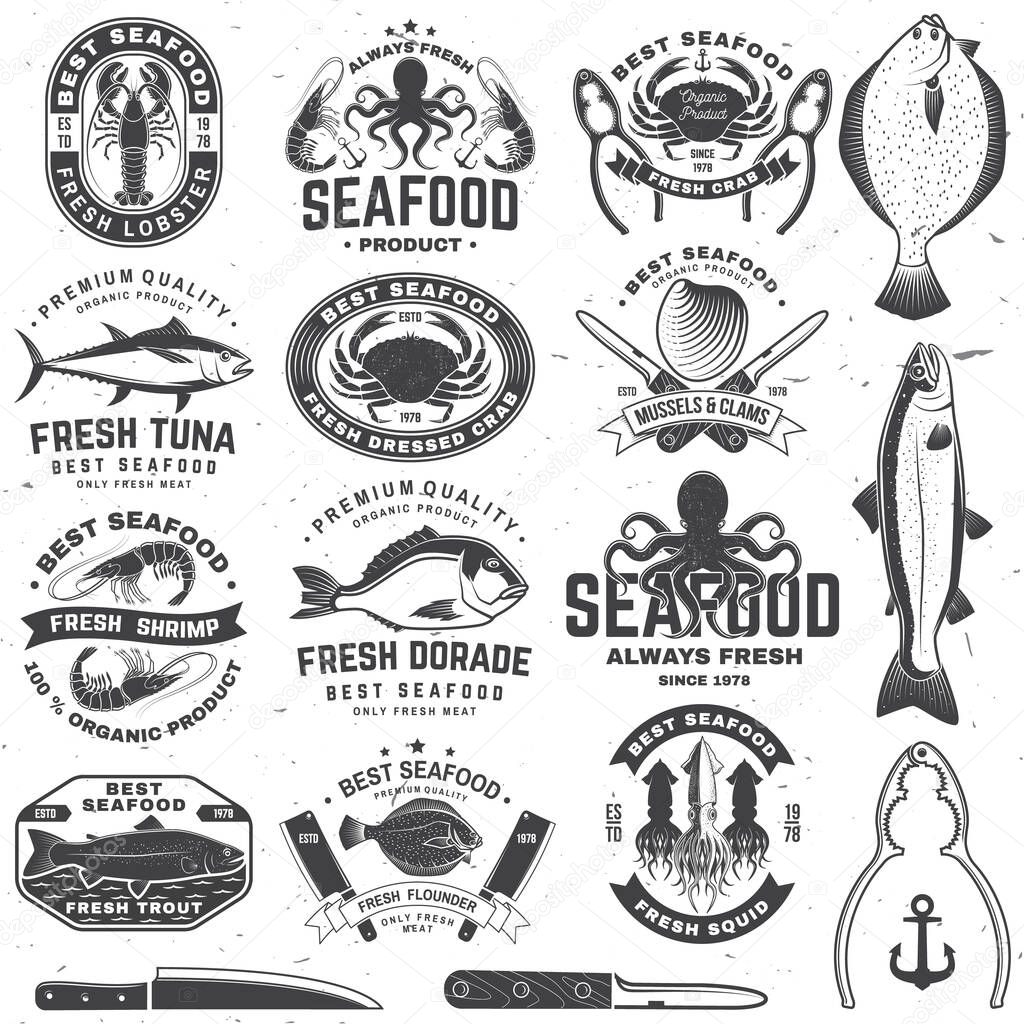 Set of best seafood badges. Fresh tuna, octopus, trout, shrimp, dressed crab, mussels and clams. Vector. For seafood emblem, sign, patch, shirt, menu restaurants with tuna, trout, shrimp, octopus crab