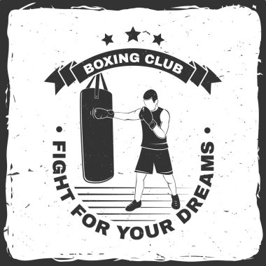 Boks kulübü rozeti, logo tasarımı. Vektör çizimi. Boks kulübü amblemi, işaret, yama, gömlek, şablon için. Klasik monokrom etiketi, Boxer Silueti etiketi