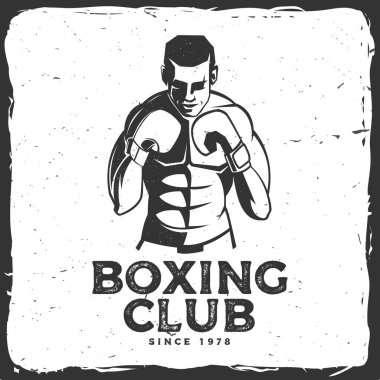 Boks kulübü rozeti, logo tasarımı. Vektör çizimi. Boks kulübü amblemi, işaret, yama, gömlek, şablon için. Klasik monokrom etiketi, Boxer Silueti etiketi