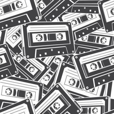 Cassette Tape Seamless pattern or background in monochrome silhouette. Vector illustration. Seamless pattern with silhouette with old-fashioned analog mixtapes