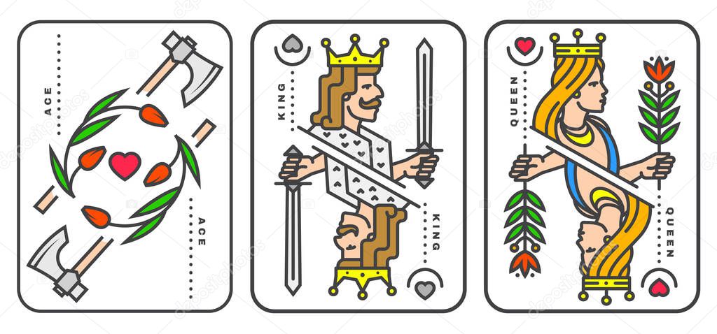 Set of playing card king, queen, ace. Vector illustration. Esoteric, magic Royal playing card king, queen, ace design collection. Line art minimalist style.