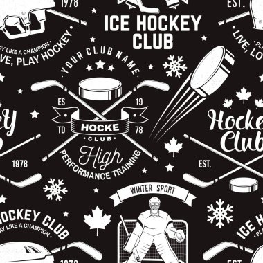 Ice hockey club seamless pattern in retro style. Vector illustration. Background, wallpaper, seamless pattern with player, helmet, sticks, goalkeeper, pick and skates silhouette