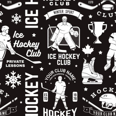 Ice hockey club seamless pattern in retro style. Vector illustration. Background, wallpaper, seamless pattern with player, helmet, sticks, goalkeeper, pick and skates silhouette