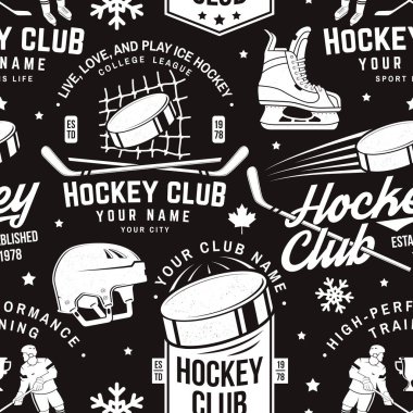 Ice hockey club seamless pattern in retro style. Vector illustration. Background, wallpaper, seamless pattern with player, helmet, sticks, goalkeeper, pick and skates silhouette