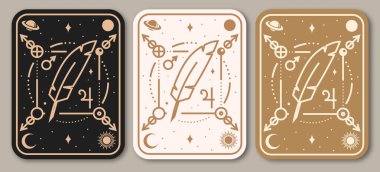 Esrarengiz semboller posteri, afişi. Vektör çizimi. İnce çizgili geometrik rozet. Simya veya kutsal geometri için taslak simgesi. Tüylü, yıldızlı, gezegenli ve uydulu mistik ve sihirli tasarım.